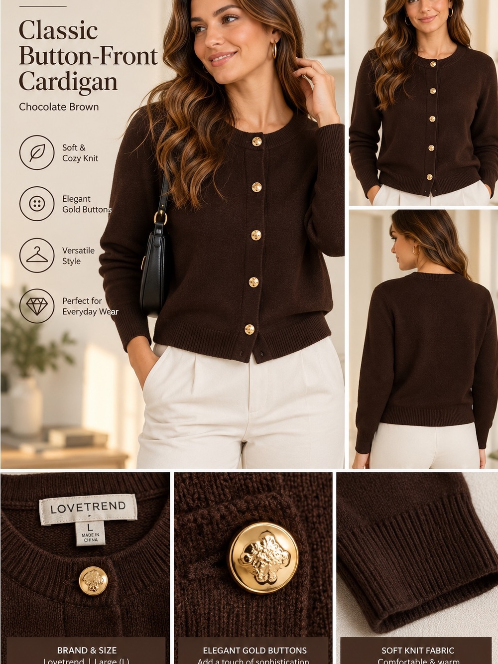 Chocolate Brown Classic Button-Front Cardigan